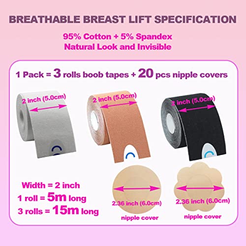 Kuxiyu Boob Tape 3 Rolls Breast Lift Tape For Large Breasts Bra Tape Chest Support With 20Pcs Satin Nipple Cover Adhesive Invisible Gaffer Tape Breathable Waterproof (Black,Beige,White) #TOP1