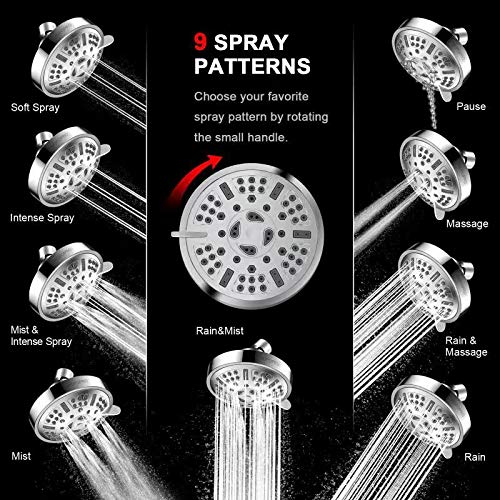 High Pressure Fixed Shower Head, Hopopro Upgraded 9 Settings Adjustable Bathroom Shower Head 4 Inch Multi-functional Wall Mount Fixed Showerhead Rotatable Rain Showerhead for Low Water Flow