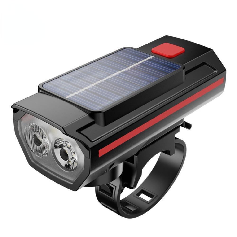 anso Solar Powered LED Bicycle Headlight TYPE-C USB Rechargeable Bike Head Light Front Lamps with Horn (Red)