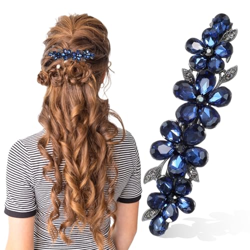 Shimmeroo Navy Diamante Hair Clips for Women Sparkly Rhinestone Flower Bridal Barrettes Crystal Wedding Diamanté Bridal Hair Accessories for Bride Prom Flower Girls Long Hair(Blue)