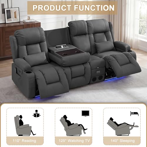 Image of URRED Power Loveseat Recliner Sofa with Massage and Heat, Wall Hugger Reclining Loveseat with Console, RV Couch Home Theater Seating with LED Lights for Living Room (Gray, 89.8 inch - 3 Seats)
