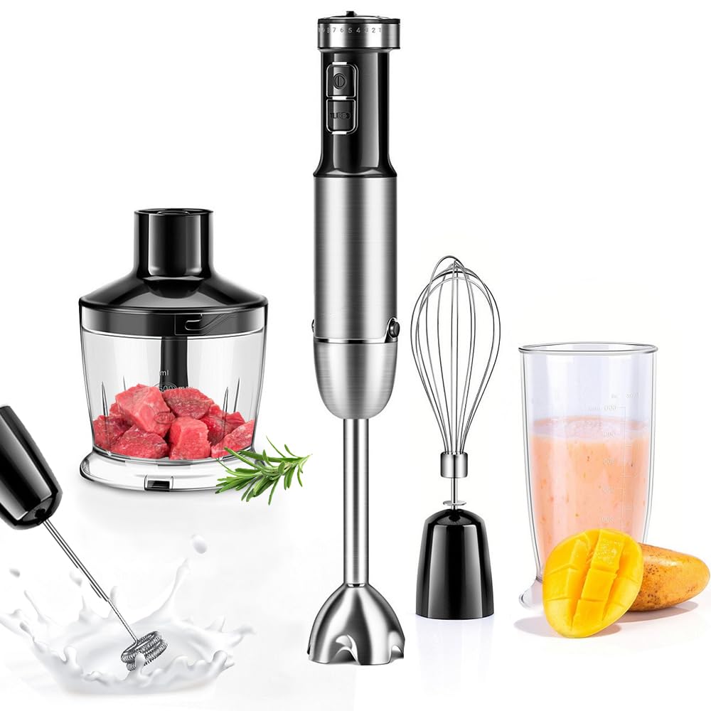 5-in-1 Hand Blender, 1000W, Stainless Steel Blade, 12-Speed Stainless Steel Stick Blender, 700ml Mixing Beaker, Milk Frother, Egg Beater,Chopper,Froth, Whip, Chop, Mix and Mash All in One (Black)