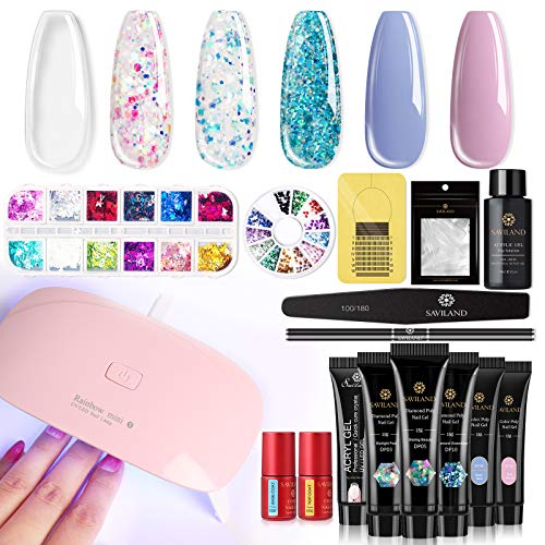 Saviland Poly Nails Gel Kit - Glitter Nail Extensions Gel Nail Kit with Nail Dryer Nail Enhancement Nail Technician Gel Builder Kit Slip Solution for Nail Starter Kit All-In-One