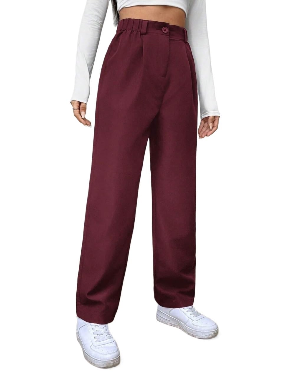 Womens Fall Solid Casual High Waist Straight Leg Pants Trousers Red