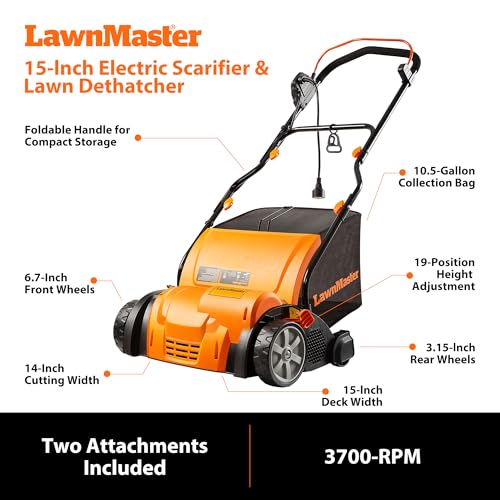Image of LawnMaster 15 inch 13 Amp Dethatcher and Scarifier with 10.5 Gallon Collection Bag-GV1314