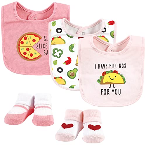 Image of Hudson Baby Unisex Baby Cotton Bib and Sock Set, Girl Pizza Taco, One Size