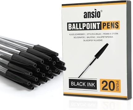 ANSIO Black Biro Pens   Medium Tip 1.0mm Smooth Writing Ballpoint Pens   Ideal for School, Office & Home Use Value Pack of 20