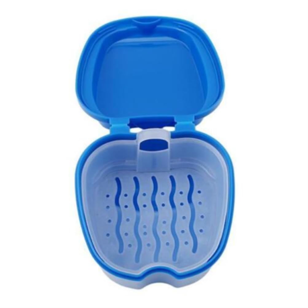 Denture Bath Box False Teeth Storage Box Mini Travel Denture Cup Case with Strainer(Navy Blue)