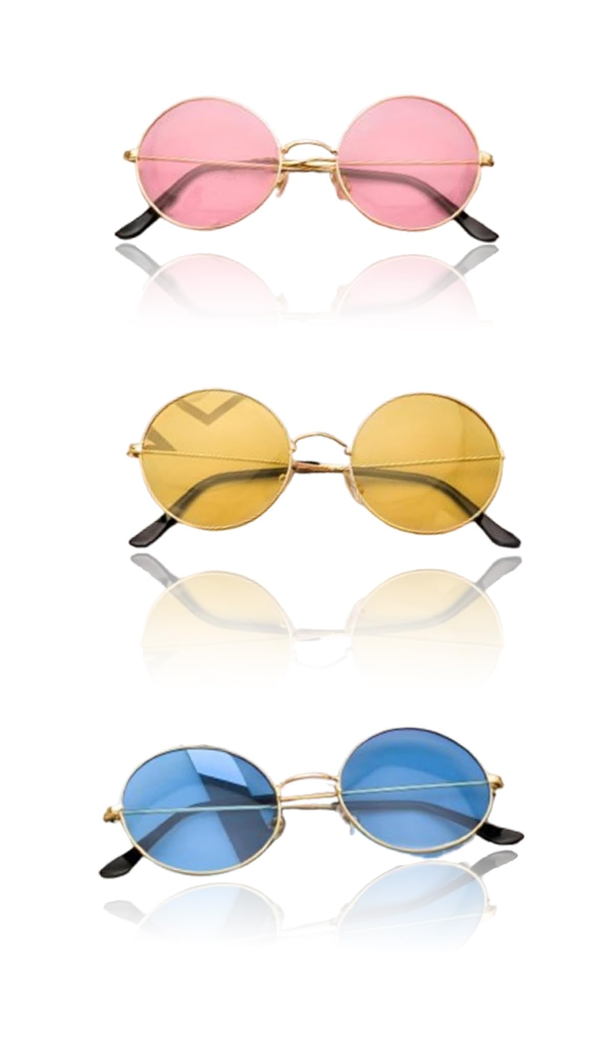 Sponsored Ad – 3 Pack Retro Hippy Specs Sunglasses - Pink Blue Yellow Round Metal Frames - 60's 70's Style Circle Glasses for Hippie Costume Accessories