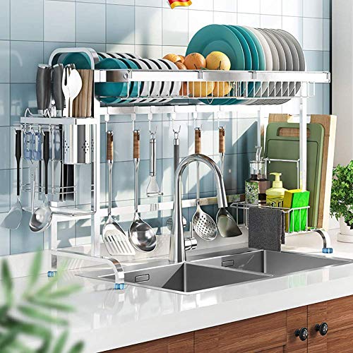 Geschirrtrockner mit Besteckhalter, Edelstahl-Abtropffläche Regal über Spüle Geschirrkorb Theke Organizer Küche Silber 93cm (37inch)