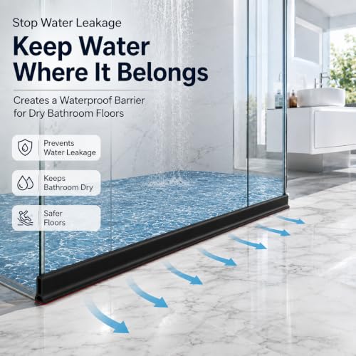 Image of Flexible Silicone Shower Water Dam (1 Meter), Collapsible Shower Threshold & Water Barrier, Self-Adhesive Water Stopper for Bathroom Floors & Kitchen Sinks (Black, 5cm Height)