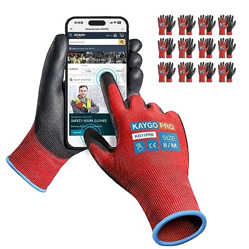 Image of KAYGO Safety Work Gloves, PU Coated, 2-Finger Touchscreen, KG11P | Breathable & Lightweight, Smooth Grip, 13-Gauge Seamless Knit, for Light Warehouse, Manufacturing, Gardening
