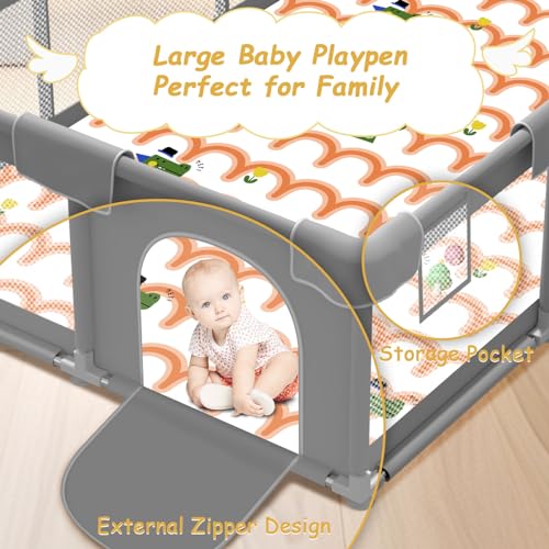Image of Baby Playpen with Mat 74x50 inch, Playpen for Babies and Toddlers, Baby Play Pen Design with External Zipper Gate, Play Yard with Non-Slip Suction Cups on The Bottom