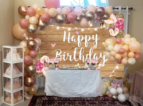 Rustic Wood Flower Happy Birthday Backdrop Blush Rose Butterfly Brown Wood Floor Photography Background Baby Shower Girl Ladies Birthday Party Banner Cake Table Decoration Photo Booth by BUTEN - Image 4