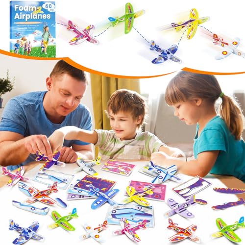 Diteryy 60 Pack Paper Airplanes for Kids Foam Plane Glider Planes Toys Bulk,Assorted ColorsEasy Throwing Paper Airplanes for Party Favors Birthday Classroom Carnival Prizes Presents