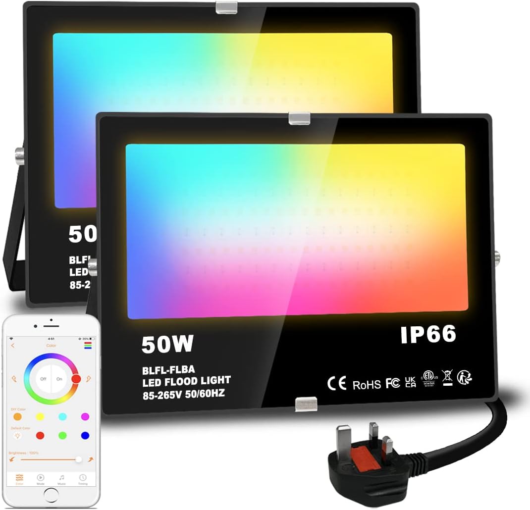 – Lighting master LED Floodlight 50W 5000LM, Smart RGB Flood Lights Outdoor with APP Control, Colour Changing + Warm White, Timing - Scene - Garden Lighting, IP66, UK Plug 2 Packs