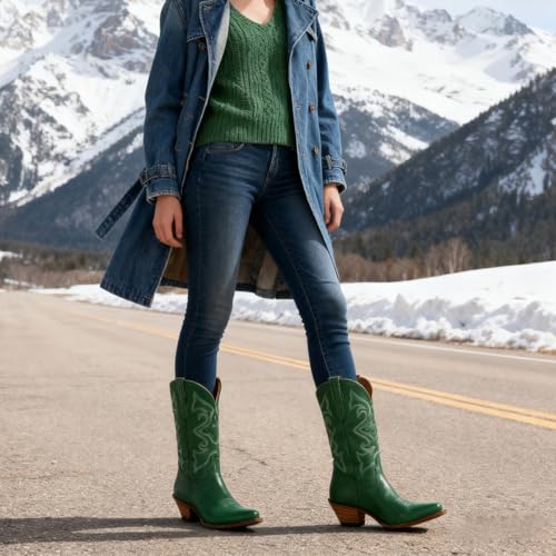 Image of LEHOOR Cowboy Boots Women Embroidered Mid Calf Western Boot Low Chunky Heel | Pointed Toe Pull On Knee High Cowgirl Boots Stacked Heel V Cut Suede Snip Toe Fall Winter Boot Dressy Retro Chic 4-11 M US