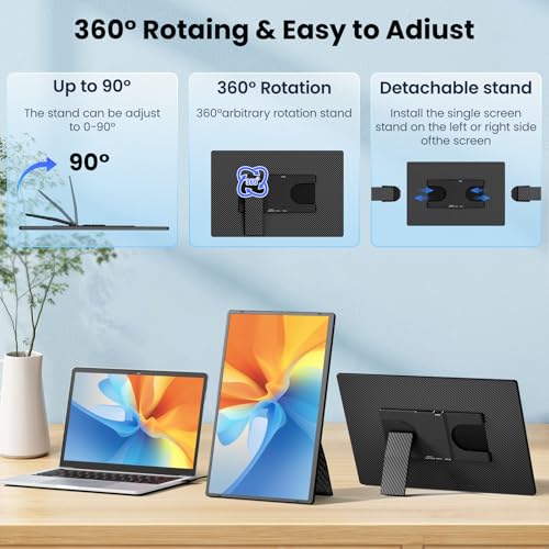 Image of Redalf 16 inch Portable Monitor, 1200P FHD Ultra Slim Laptop Screen Extender, 360Rotating Detachable Stand, Plug & Play Travel Dual Monitor for Laptop /Wins /MacOS /Phone