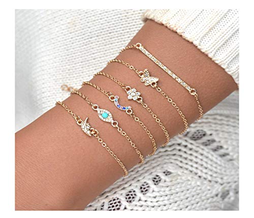 Cathercing Gold Bracelet Chain Set for Girls Women Jewelry Bracelet Strand with Flower Butterfly Crystal Thin Bracelet Anklet Set Adjustable Handmade Daily Jewelry Gift for Teen Girls (6 Pack)