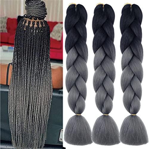 Xiaofeng Braiding Hair Extensions for Women 3 Packs 100g/Pack 24Inch High Temperature Ombre Jumbo Synthetic Braiding Hair for Twist Crochet Braids (24 Inch (Pack of 3), black-gray)