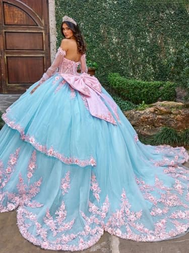 3D Floral Tulle Quinceanera Dresses with Detachable Sleeves Off Shoulder Puffy Sweet 16 Dresses Princess Prom Gown3
