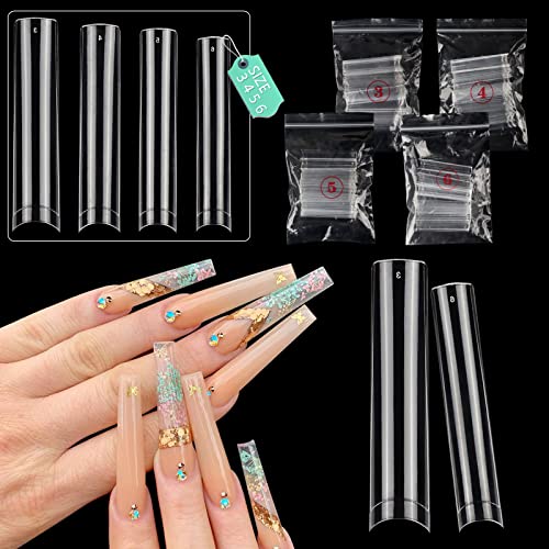 Individual Size 3 4 5 6 No C Curve Nail Tips for Acrylic Nails Professional, 200PCS 3XL Extra Long, Half Cover Straight Tapered Square Nail Tips 4 Mostly Used Sizes