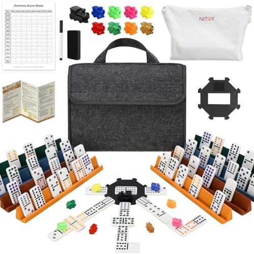 NiToy Mexican Train Dominoes Set for Adults Double 12 Dominoes with 91 Color-Coded Tiles Hub 8 Silicone Racks 9 Train Markers Scoreboard & Carry Bags - Classic Family Board Game