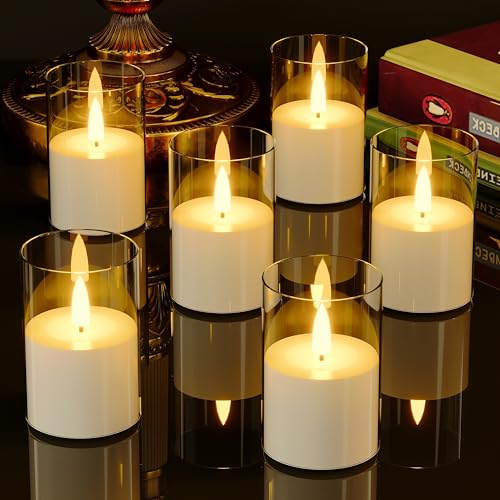 Image of VIODAIM 6Pack Flickering Flameless LED Candles with Timer, Battery Powered - Small Pillar & Votive, Clear (2 inchX3 inch) | Small Pillar & Votive Candle with Realistic Flickering Warm Glow for Centerpieces, Wedding Tables, Holiday, and Home Decor