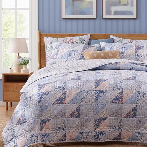 BLOOMHAVEN Quilt Set King Size, Patchwork Blue Pink Marigold Floral Quilt Sets, Reversible Bedspread Lightweight and Breathable for All Seasons, Soft Quilted Bedspread with 2 Pillow Shams BLOOMHAVEN Quilt Set King Size, Patchwork Blue Pink Marigold Floral Quilt Sets, Reversible Bedspread Lightweight and Breathable for All Seasons, Soft Quilted Bedspread with 2 Pillow Shams