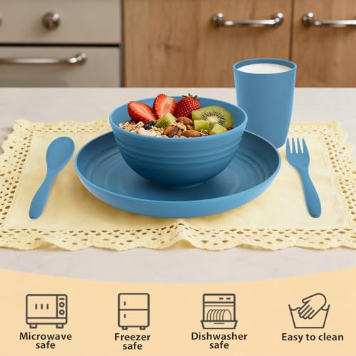 Image of Wheat Straw Dinnerware Sets for 4, Reusable Plastic Dinner Plates, Unbreakable Kids Plates and Bowls Sets 20 PCS, Dishwasher & Microwave Safe Kitchen Camping Dorm Dish Sets- Blue
