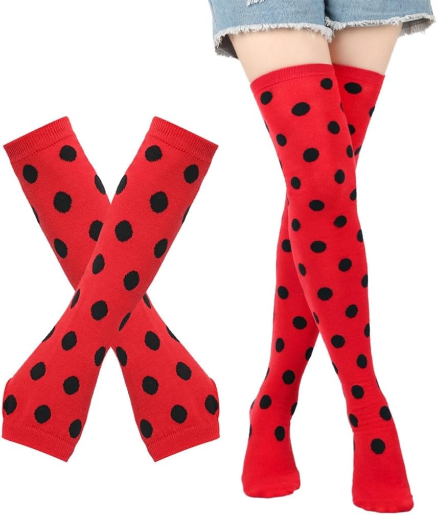 Insect Dots Pattern Fingerless Gloves Arm Warmers and Thigh High Socks Set for Adults Kids Cosplay Costume Accessories