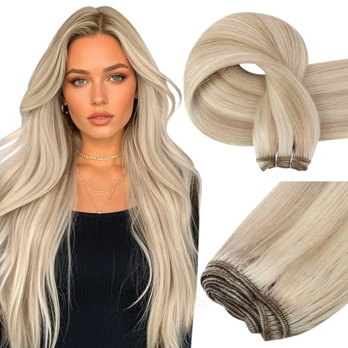 Image of Easyouth 22 Inch Hair Extensions Sew in Highlight Sew in Remy Hair Extensions Ash Blonde Highlight Bleach Blonde Hair Extension Weft Easy to Blend with Natural Hair 100G