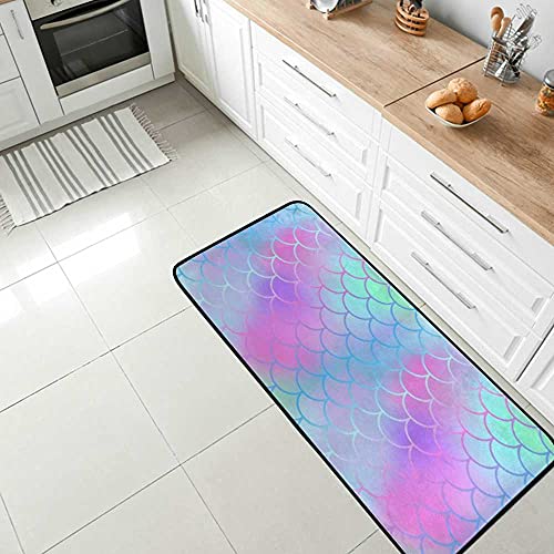 Saturey Komfort-Teppich Magic Mermaid Fischschuppen Bunte rutschfeste Küchenteppich Bodenmatte Anti-Ermüdungs-Stehmatte for Esszimmer Waschküche Büro Flur 39" x 20 Cover