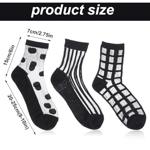 3 Pairs Black Mesh Socks for Women,See Through Socks Women,Dots, Stripes and Geometric,Summer2