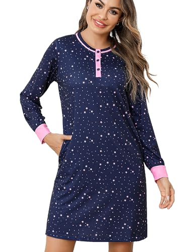 Jahetuul Camisón Mujer Dormir con Botones Delanteros Camisón de Mujer con Bolsillo Camisones de Mujer Algodon con Estampado de Estrellas Camisón de Manga Larga para Mujer S-XXL