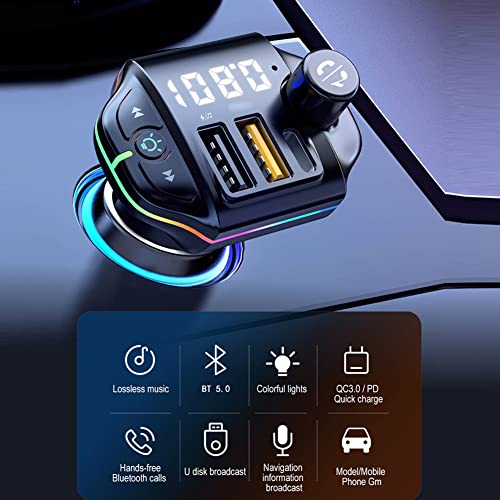 Blutu Para Carros, Bluetooth Car Adapter, Bluetooth Para Carro with Type-C PD + QC3.0 Fast USB Charger Hands-Free Calling Mp3 Player Receiver