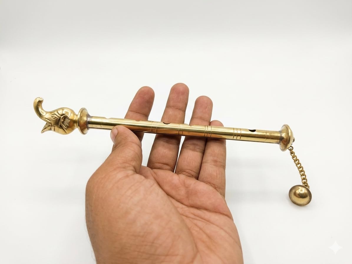 Brass Krishna Basuri Decorative Flute 7 Inch | Handcrafted Golden Metal Bansuri for Home Decor, Pooja Mandir, Krishna Idol Accessories, Spiritual Gift, Festival Decoration-image-28