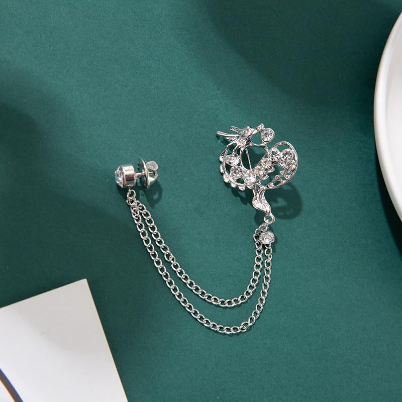 Image of coadipress Dragon With Hanging Chain Brooch Pin for Women Men Rhinestone Crystal Dragon Animal Collar Pins Suit Shirt Lapel Pin Fashion Jewelry