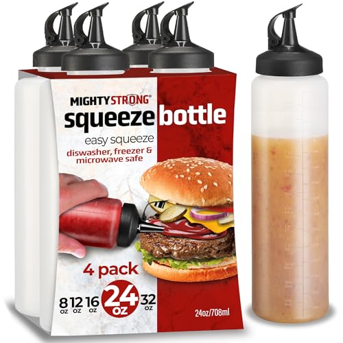 MIGHTY STRONG 4 Pack Condiment Squeeze Bottles 24 Oz Easy Pour Sauce Bottle With Leak Proof Snap Cap Plastic Squeeze Bottles For Sauces Condiment Containers clear
