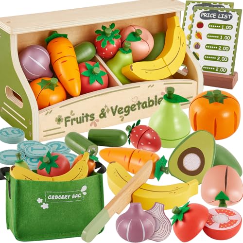 BUYGER Jouet Bois Fruits et Légumes à Découper, Cuisine Enfant en Bois pour Enfants, Accessoires Marchande avec Comptoir, Cadeau Noël pour Fille et Garçon 2 3 4 5...