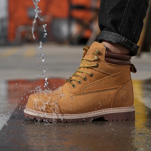 Image of Steel Toe Work Boots for Men 6 Inch Waterproof Non Slip Rubber Comfort Leather Safety Durable Industrial Construction Boots