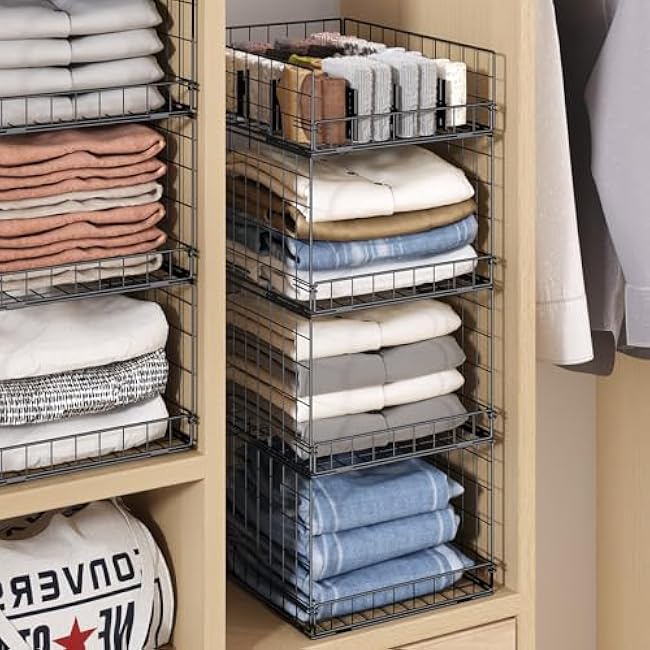 4 Pack Closet Organizers and Storage Shelves for Clothes, 4 Tier Stackable Closet Storage Basket Bin Container for Clothing Sweater Jean, Narrow, Foldable, Sturdy Metal Closet System Organizer Shelf