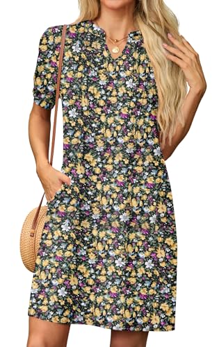 GRECERELLE Sommerkleid Damen Kurzarm V-Ausschnitt Etuikleider T-Shirt Minikleid Tunika Kleid Dresses for Women Leichte Kurze Freizeitkleid Strandkleid...