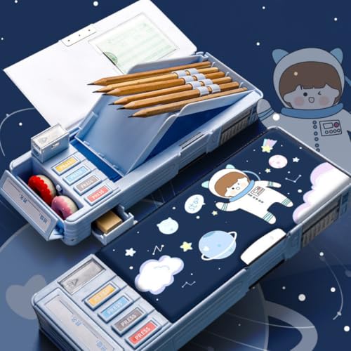 Image of Storio Space Theme Magnetic Pencil Box for Kids, Space Pencil Box for Boys & Girls, Stationery Box, Buttons Operated Pencil Box for Kids (with Accessories)