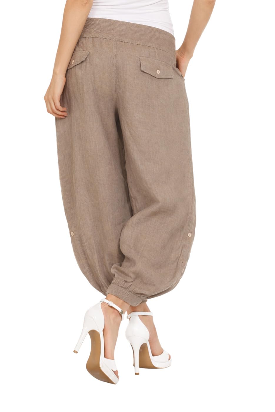 Mississhop Pantalon de loisirs décontracté pour femme en toile 100 % lin avec boutons uni - Marron - W40