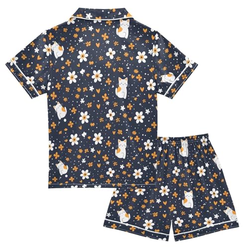 Cute Cat Floral Pajamas Set Summer Button Down Sleepwear Pjs Sets Comfy Loungewear2