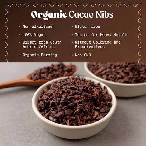 Image of NaturaleBio Cacao Nibs Organic 2 lb. Unsweetened, Non-Alkalized and Pure. Sugar-Free Dark Chocolate Chips Substitute. Non-GMO, Gluten Free, Tested for Heavy Metals. From Raw Cacao Beans