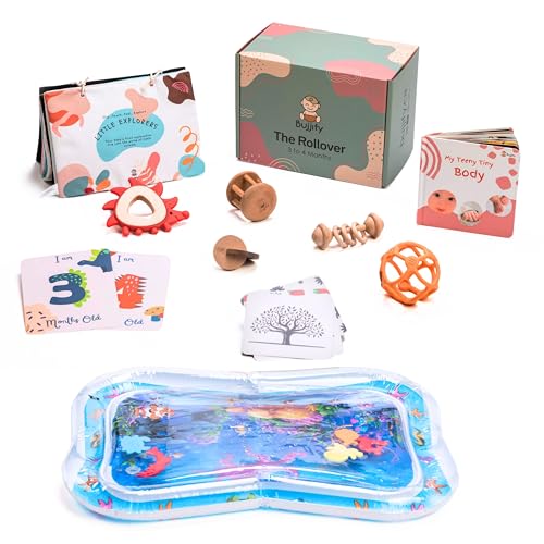 Image of Bujjify Montessori Toy Set 3-4 Month Infant Toys - Tummy Time Activity Mirror, Water Mat, Sensory Wooden Rattles, Black and White Cards, OBall, Baby Body Board Book, Newborn Gifts Basket
