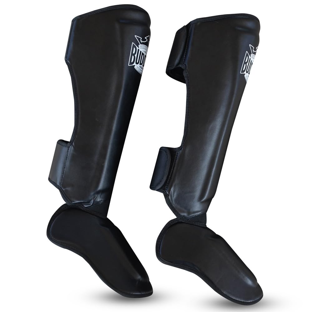 BUDDHA FIGHT WEAR – Episches Modell der Schienbeinschoner für Muay Thai, MMA und Kickboxen – Hergestellt aus Kunstleder der neuesten Generation – Widerstandsfähigere & verstärkte Nähte –Schwarz –XL