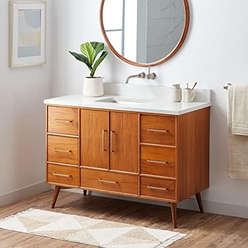 Signature Hardware 953363-48-RUMB-0 Novak 48" Freestanding Teak Single Basin Vanity Set with Cabinet, Vanity Top, and Rectangular Undermount Sink - No Faucet Holes - Teak/Arctic White